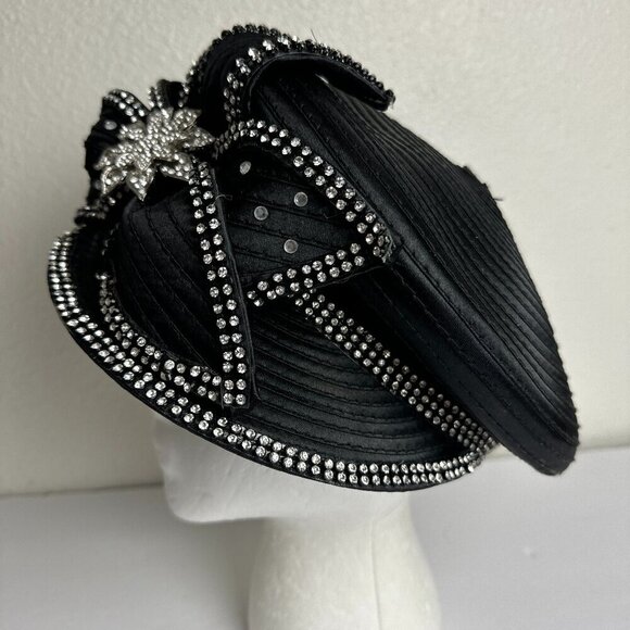 Satin Black Beret Cap Hat  w / Rhinestones main image 6